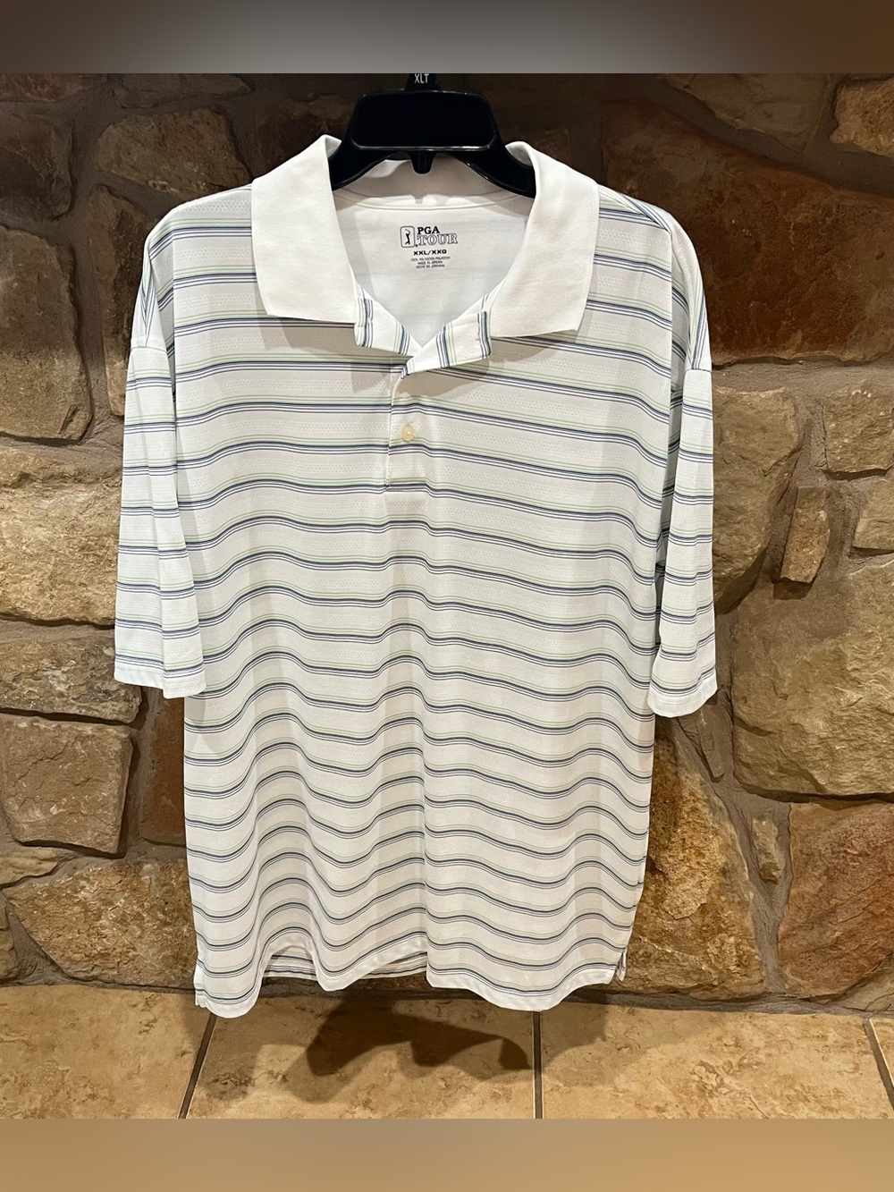 PGA Tour Golf Polo Shirt Men XXL 2X Light Airy White with Blue & Green Stripes